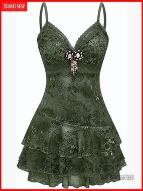 Y2k Gothic Boho Beaded Ruffle Lace Paisley Print Mini Summer Dress